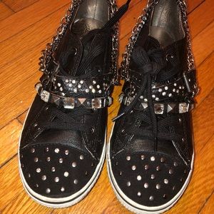 Black leather rhinestone and chains sneaker